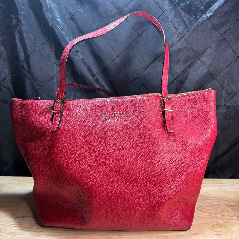 Kate Spade New York Red Pebbled Tote Gold Hardware Zipper Designer Handbag